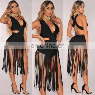 Womens Sexy V Neck Backless Tassels Sexy Night Club Dresses