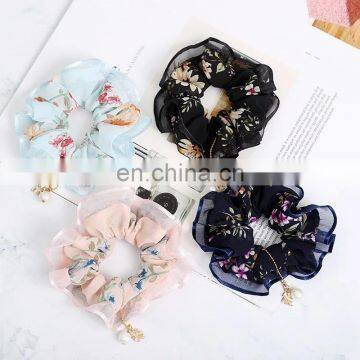 Ladies Winter Ruched Hair Rope Plain Color Imitation Pearl Pendant Charms Ponytail Holder Geometric Large Intestine Scrunchies photo-3