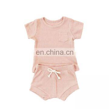 Plain Dyed Boutique Organic Cotton Knitted Ribbed Baby Pajamas Set Wholesale