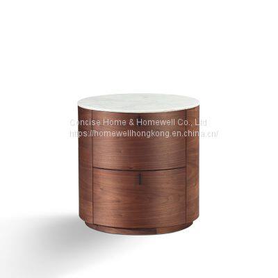 luxury round side table light table bedside table marble top with walnut veneer wooden base BH1605-02 livingroom/bedroom furniture