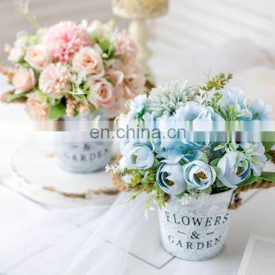 Wedding Decoration Faux Plant 1 Set Flower And Vase Artificial Flowers With Iron Bucket Farmhouse Style Table Accessories