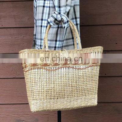 Vintage natural Seagrass Bag, Natural Woven Beach Bag, Round Straw Summer basket Vietnam Supplier