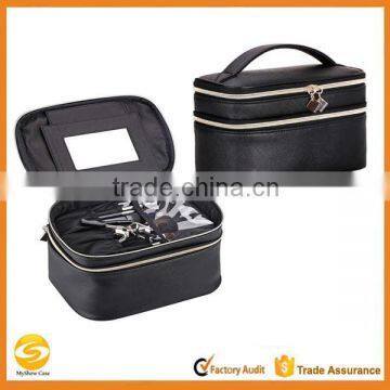 Black Leather makeup vanity case, double room cosmetic bag with mirror,custom make leather cosmetic travel case