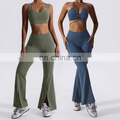 New 2023 Sportswear Workout Sets 3 Piece Strappy Bra High Waist Flared Leggings Gym Fitness Sets Women Training Wear Clothing