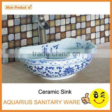 white and blue hand painted ceramic hand wash basin