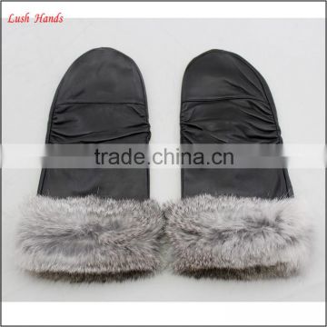 2016 leather mittens gloves sheepskin with grey rabbit fur for women