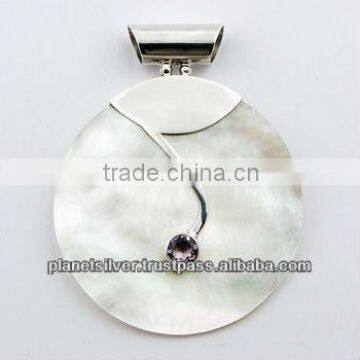 Silver Amethyst Gemstone Mother Of Pearl Disc Pendant