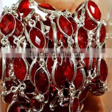 3 Feet Red Quartz Bezel Set Marquise Chain, Silver Plated Gemstone Connector Chain, Chain Per Foot 14x7mm Bezel Stone Chain