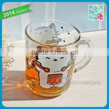 Hot sell wholesale drinking glass mugs cartoon printing decal glass coffee mug with handles