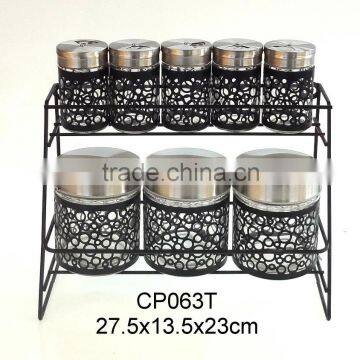 CP063T 8pcs glass storage jar set with metal casing and rack