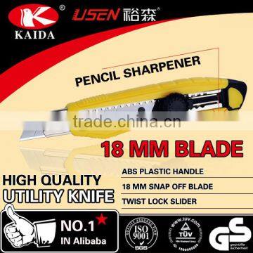 Plastic handle 18 mm Snap Off Blade Screw-lock slider sharpenper Utility Knife