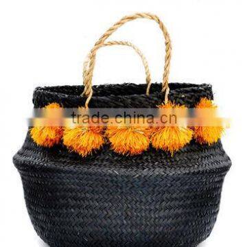 High quality best selling eco-friendly Pom Pom Venice Sea Grass Basket in black from viet nam