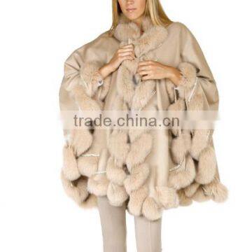 Genuine fox fur trim long cashmere cape with twist fur trim