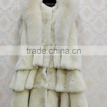 factory price rex rabbit fur vest with fox fur collar