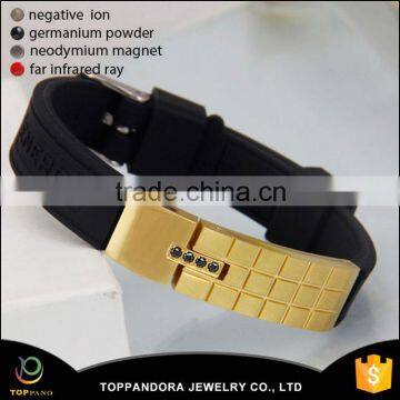 most selling product gold plated stainless steel metal clasp eco-friendly adjustable silicone energy bracelet with charm