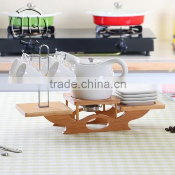 Luxury/Europeanism Bamboo Material Coffee Tea Set Holder with Stainless Steel Rack