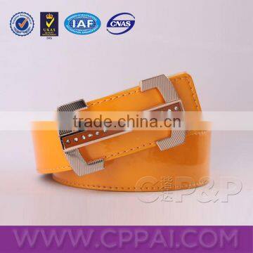 Orange vernis fashion belts for ladies with long shape metal buckles