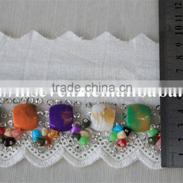 100% Cotton Water Soluble Lace Trim With Colorful Beaded Design for Sale