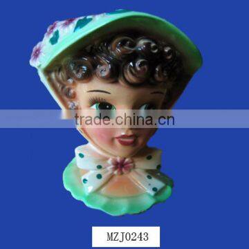 Ceramic Green Hat Pink Lady Head Flower Vase