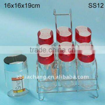 6pcs metal stand glass condiment jar with plastic lid