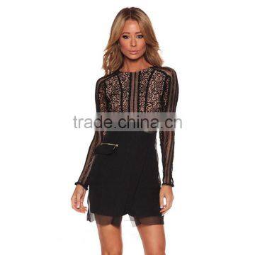 2014 New Fashion Sexy Black Mesh Inserts Long Sleeve Crochet Lace Dress