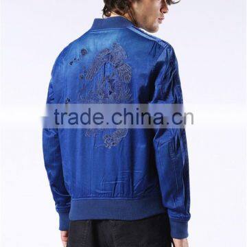MGOO Foshan Factory Baseball Style Bomber Jackets Custom Embroidery Denim Jackets Zip Up Blue Long Sleeves Coat photo-3