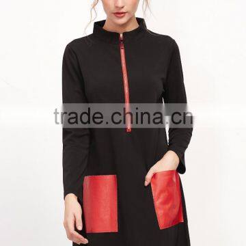 Black Stand Collar Contrast Pockets Zipper Dress Cotton Spandex Long Sleeve Color Block Casual Short Dress photo-2