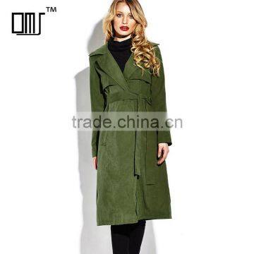 Army green open front self belted below knee lady's winter trench coat