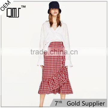2017 NewestFront Button Fastening Red Plaid Skirt With Frill Detail photo-6