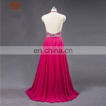 Cheap Best Quality ZZ-E0012 See Through Backless Halter Beading Long Chiffon Evening Dress photo-5