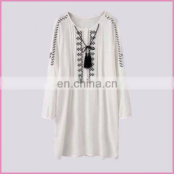 tranditional embroidery tassel rope at collar casual cotton and linen long blouse