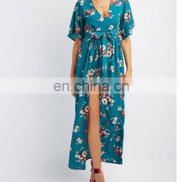 Women Button-topped keyhole in back classic V-neckline Floral Kimono Sleeve Maxi Romper