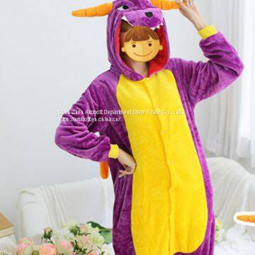 Purple Dinosaur Cartoon Flannel Conjoined Polyester Children Pajamas photo-2