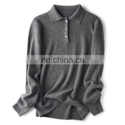 Women Casual Polo Neck Honeycomb Knit Grainy Cashmere Pullover Sweater