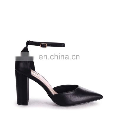 Women new stylish ankle strap design high heels black nappa court shoes ladies block heel sandals