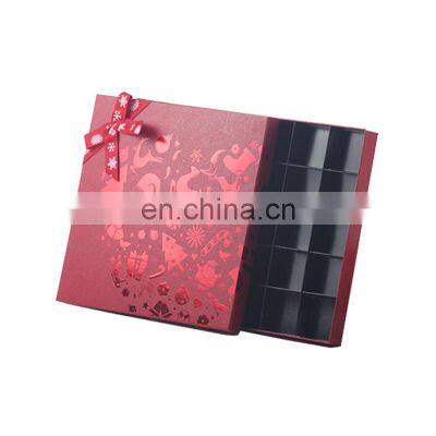 Square size shiny logo hat box with ribbon and paper insert packaging for chocolate truffles food grade packing box for sweets