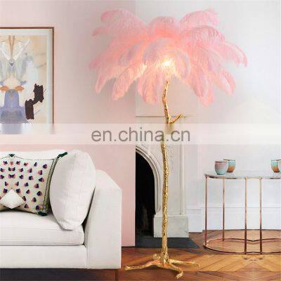 Natural Ostrich Feather Copper Standing Floor LED Lamp For Living Room