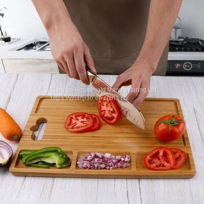 Custom Large Organic Bamboo Cutting Board for Kitchen With 3 Built-In Compartments and Juice Grooves Chopping Carving Board