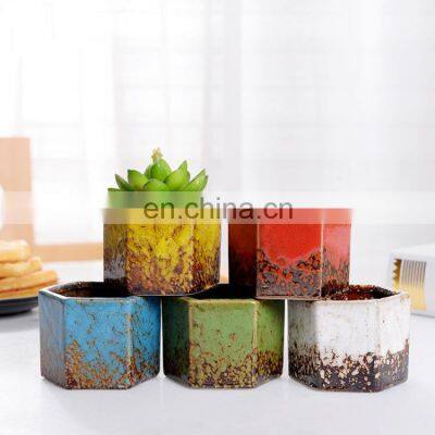 Wholesale Succulent Small Hexagonal Mini Ceramic Pot Kiln Flow Glaze Garden Pot
