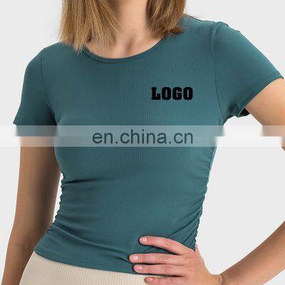 Newest Custom Logo Ribbed Short Sleeve Slim Fit Crop Top T-Shirts Yoga Sportswear Women Workout Gym Casual Fitness Wear Clothes