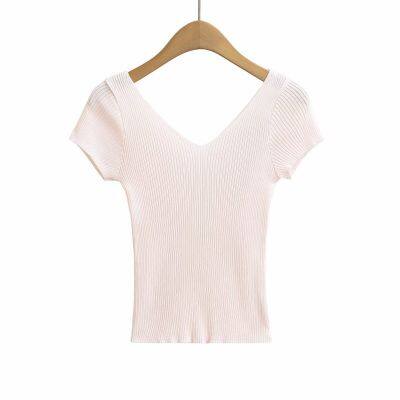 Taille mince, col V profond, silhouette mince, manches volantes, manches courtes, T-shirt en tricot pour femmes, kaki, taille unique, rose