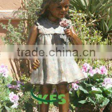 Bronze little girl with rose in hand sculpture