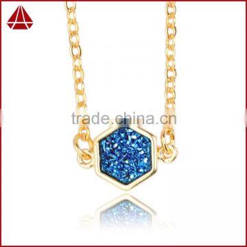 Gold Bezel Hexagon Glitzy Rocks Navy Druzy Drusy Necklace Geometric Jewelry Layering Necklace