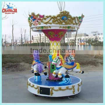 Children playing amusement mini 3 riders rotating carousel for kids