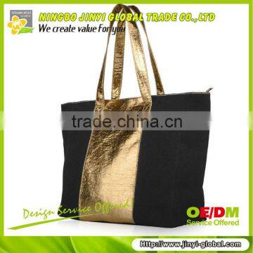 2013 splicing with golden pu ladies large shoulder bag tote bag canvas