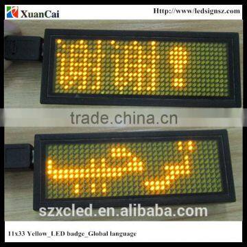 Yellow color Worldwide language 11X33Y 5V USB + Rechargeable battery mini LED display/LED name card/LED tag /Led badge