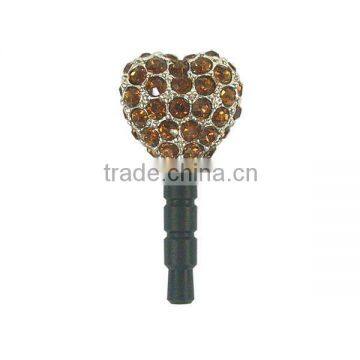 promotional rhinestone heart shaped earphone jack dust proof plug for phone , designed by (C) charis,OEM service