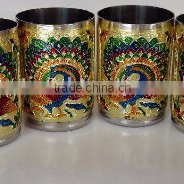 ROYAL PEACOCK DESIGNED STAINLESS STEEL MEENAKARI 6-GLASS SET -G.M. (2.5" x 2.5" X3.67" INCHES) photo-3