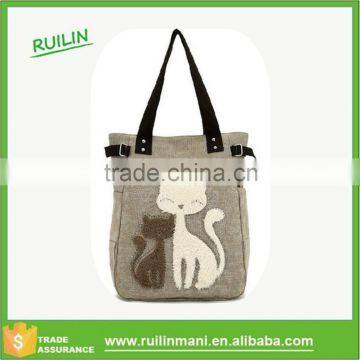 2015 womens handbag canvas bag with cute cat Appliques portable designer handbags outlet small bags