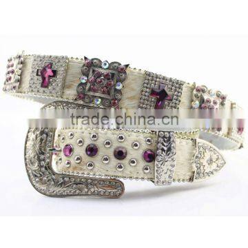 Cowgirl purple rhinestone cross crystal studded western leather hair belts